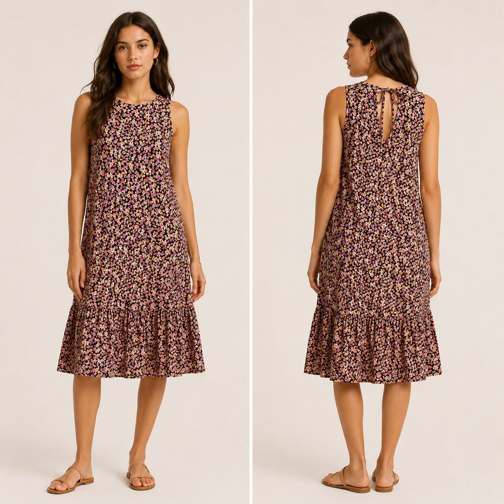 Hallhuber Floral Midi Dress EU 34 Tie Back Sleeveless Tiered Cottagecore S 2-4